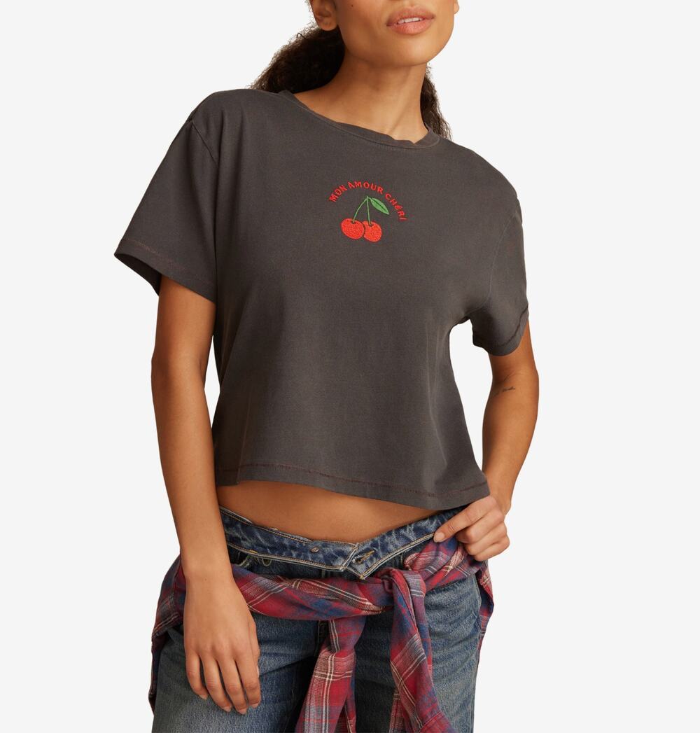 Lucky Brand Mon Chéri Embroidered Crop T-Shirt Women's L EUC